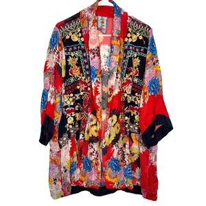 JOHNNY WAS SILK EMBROIDERED KIMONO SIZE LARGE CARDIGAN JACKET ROBE BOHO